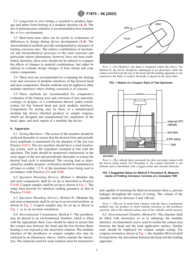 ASTM F1875-98(2022) - Standard Practice for  Fretting Corrosion Testing of Modular Implant Interfaces: Hip  Femoral Head-Bore and Cone Taper Interface