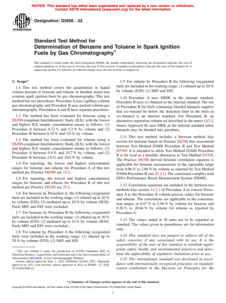 ASTM D3606-22 - Standard Test Method for Determination of Benzene and Toluene in Spark Ignition Fuels  by Gas Chromatography