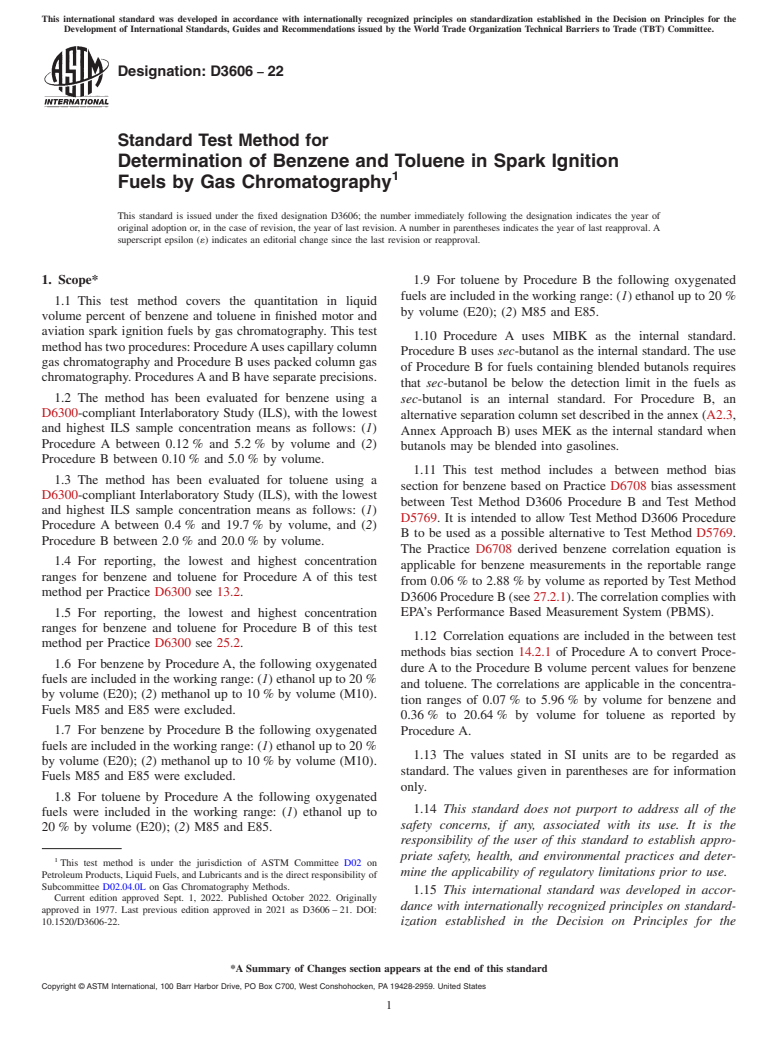 ASTM D3606-22 - Standard Test Method for Determination of Benzene and Toluene in Spark Ignition Fuels  by Gas Chromatography