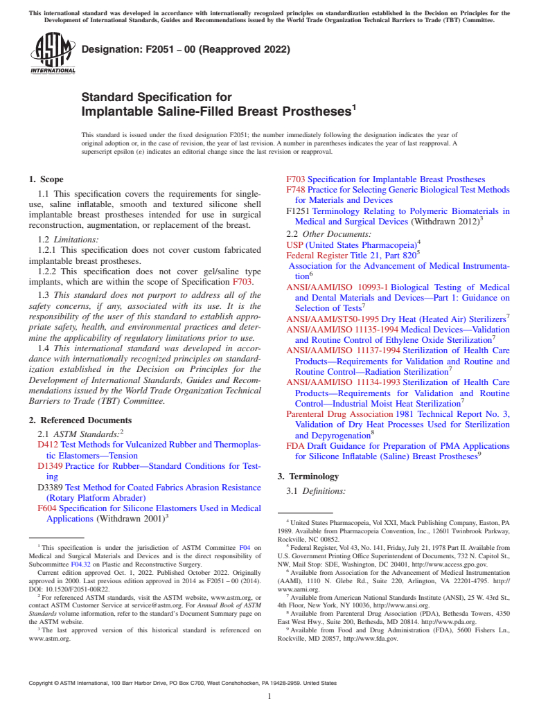 ASTM F2051-00(2022) - Standard Specification for  Implantable Saline-Filled Breast Prostheses