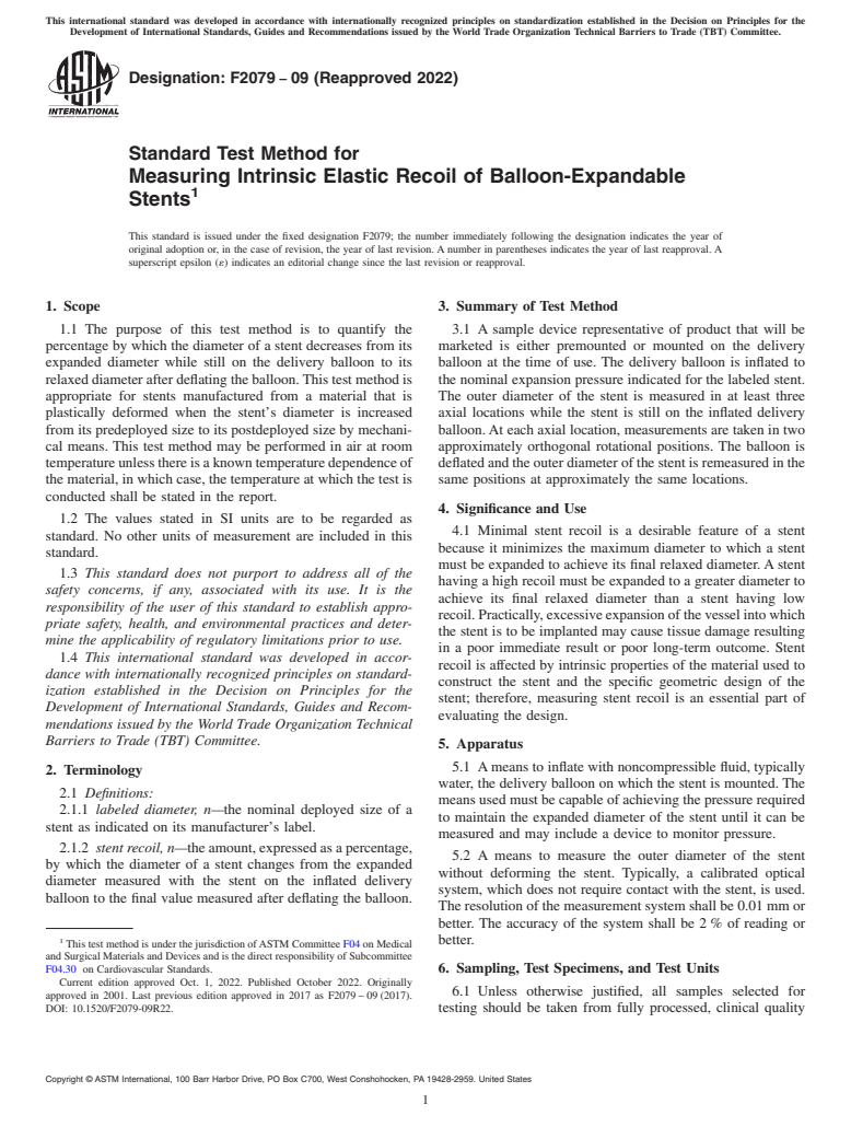 ASTM F2079-09(2022) - Standard Test Method for  Measuring Intrinsic Elastic Recoil of Balloon-Expandable Stents