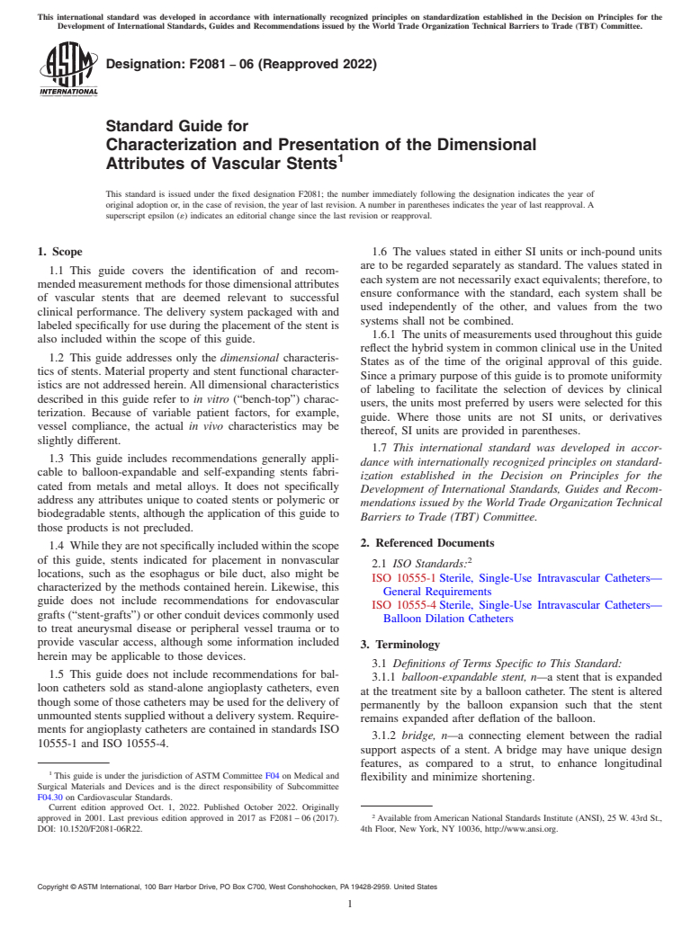 ASTM F2081-06(2022) - Standard Guide for  Characterization and Presentation of the Dimensional Attributes  of Vascular Stents