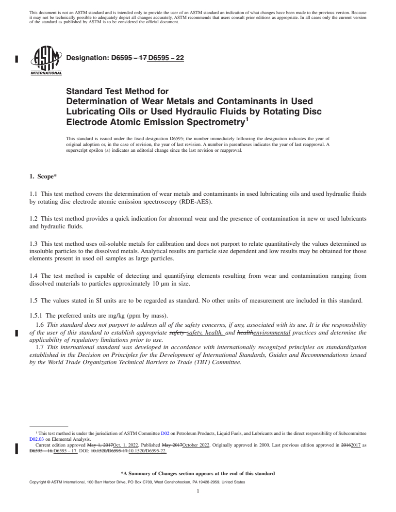 REDLINE ASTM D6595-22 - Standard Test Method for  Determination of Wear Metals and Contaminants in Used Lubricating   Oils or Used Hydraulic Fluids by Rotating Disc Electrode Atomic Emission   Spectrometry