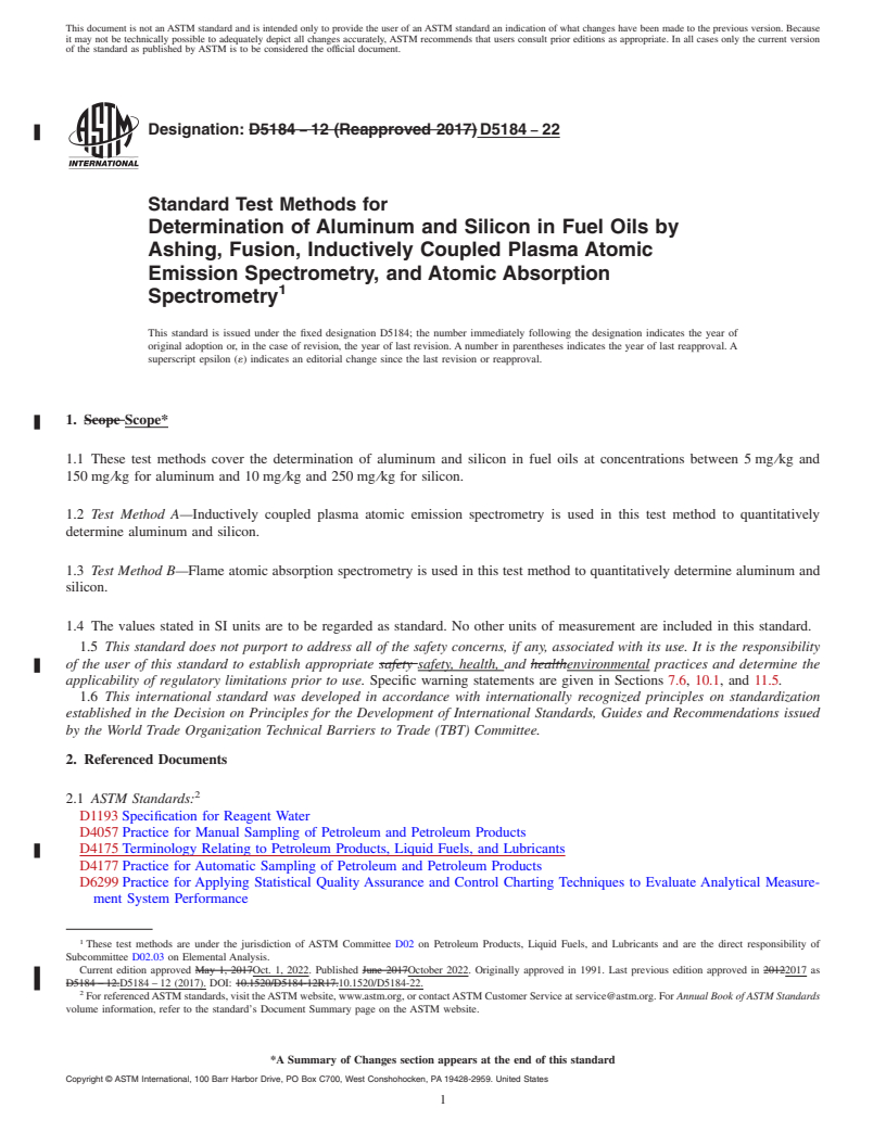 REDLINE ASTM D5184-22 - Standard Test Methods for Determination of Aluminum and Silicon in Fuel Oils by Ashing,  Fusion, Inductively Coupled Plasma Atomic Emission Spectrometry, and   Atomic Absorption Spectrometry