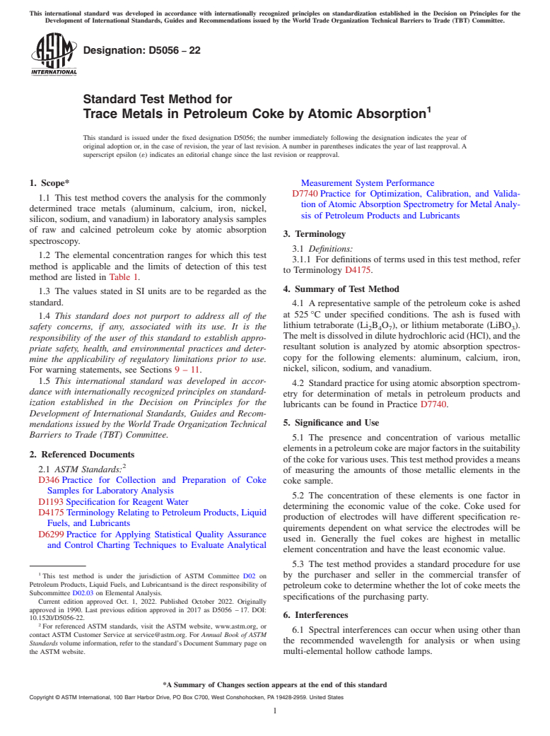 ASTM D5056-22 - Standard Test Method for  Trace Metals in Petroleum Coke by Atomic Absorption