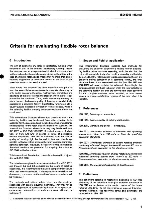 ISO 5343:1983 - Criteria for evaluating flexible rotor balance