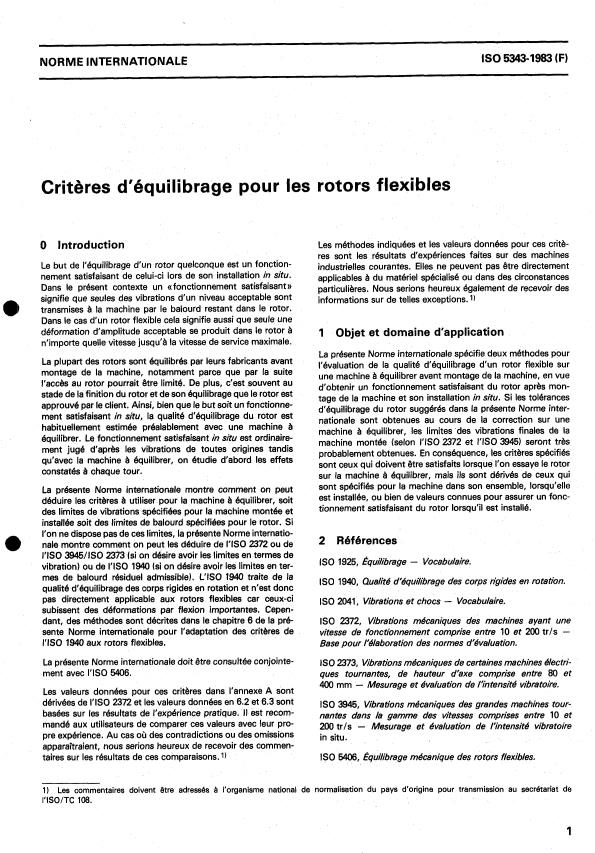 ISO 5343:1983 - Criteres d'équilibrage pour les rotors flexibles