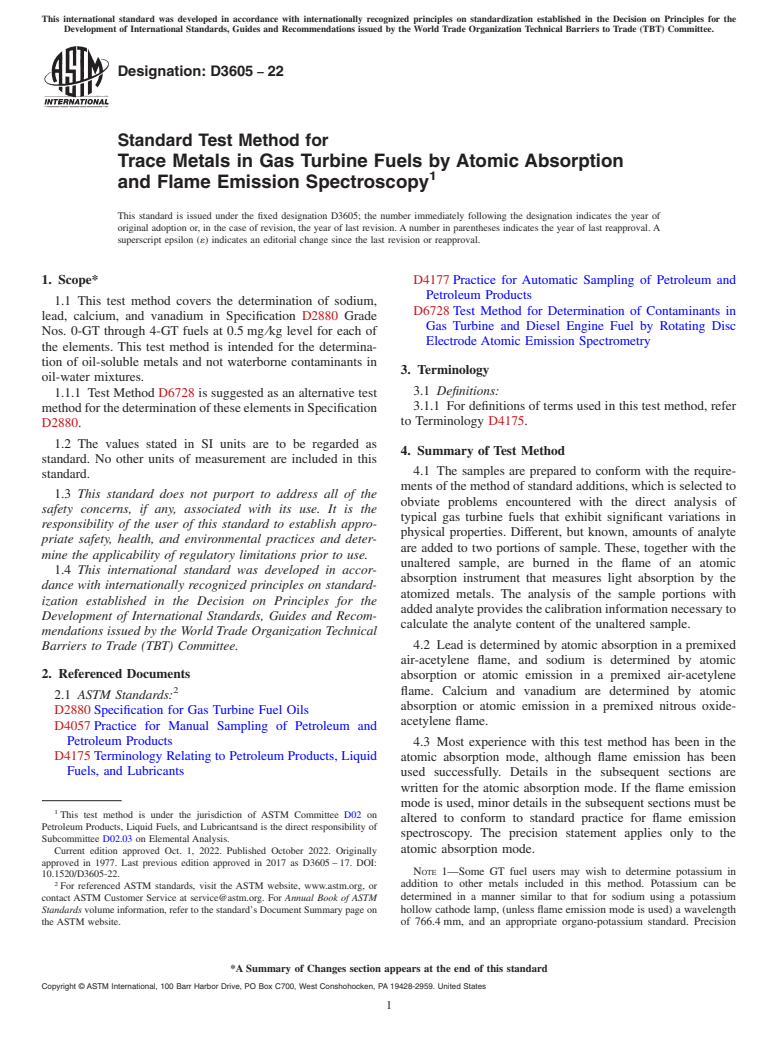 ASTM D3605-22 - Standard Test Method for  Trace Metals in Gas Turbine Fuels by Atomic Absorption and   Flame Emission Spectroscopy