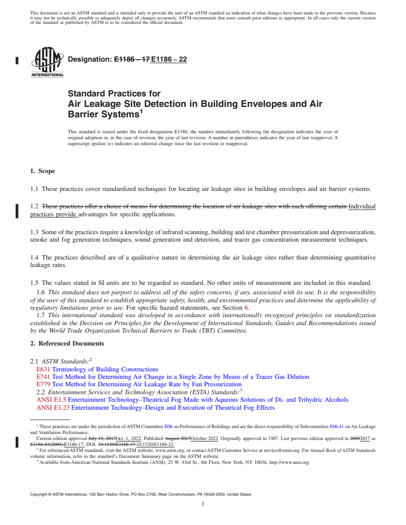 REDLINE ASTM E1186-22 - Standard Practices for Air Leakage Site Detection in Building Envelopes and Air Barrier  Systems