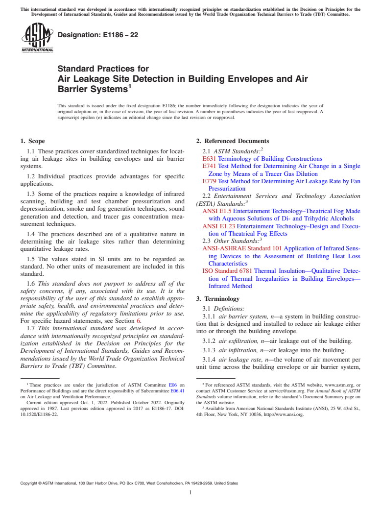 ASTM E1186-22 - Standard Practices for Air Leakage Site Detection in Building Envelopes and Air Barrier  Systems