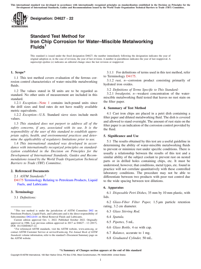 ASTM D4627-22 - Standard Test Method for Iron Chip Corrosion for Water–Miscible Metalworking  Fluids