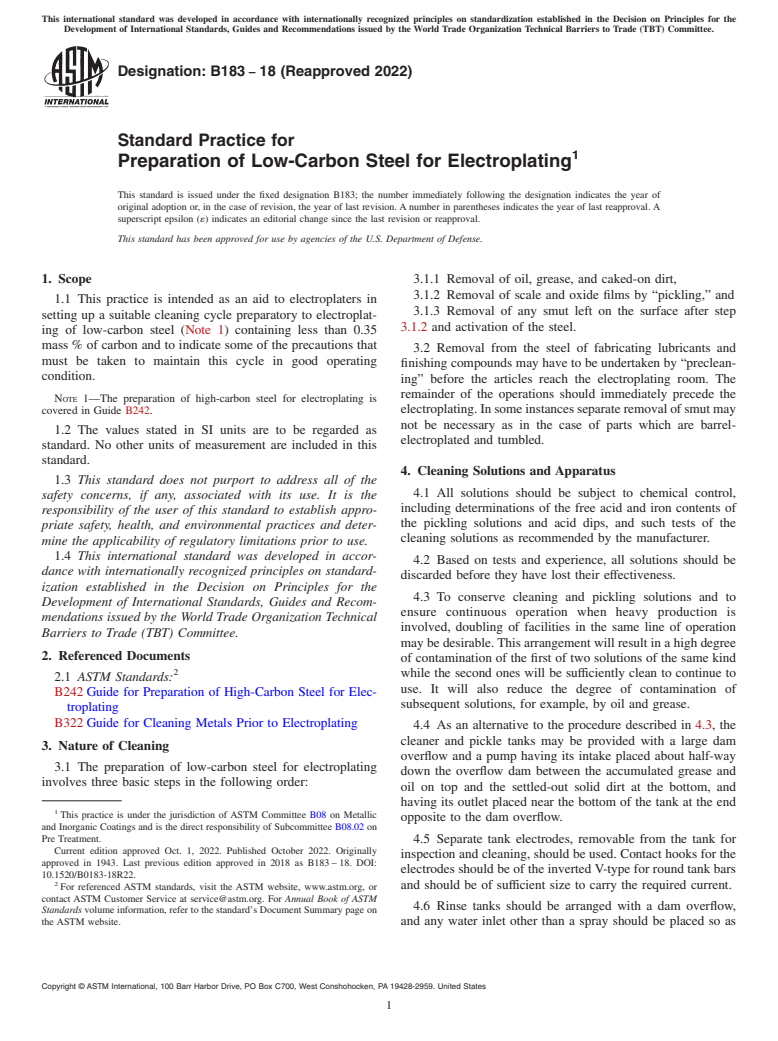 ASTM B183-18(2022) - Standard Practice for  Preparation of Low-Carbon Steel for Electroplating