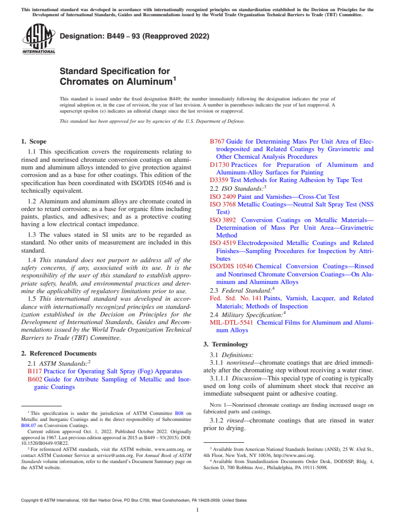 ASTM B449-93(2022) - Standard Specification for  Chromates on Aluminum