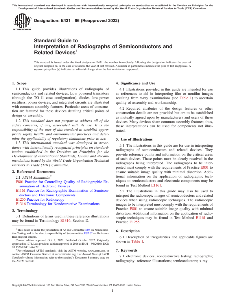 ASTM E431-96(2022) - Standard Guide to  Interpretation of Radiographs of Semiconductors and Related  Devices