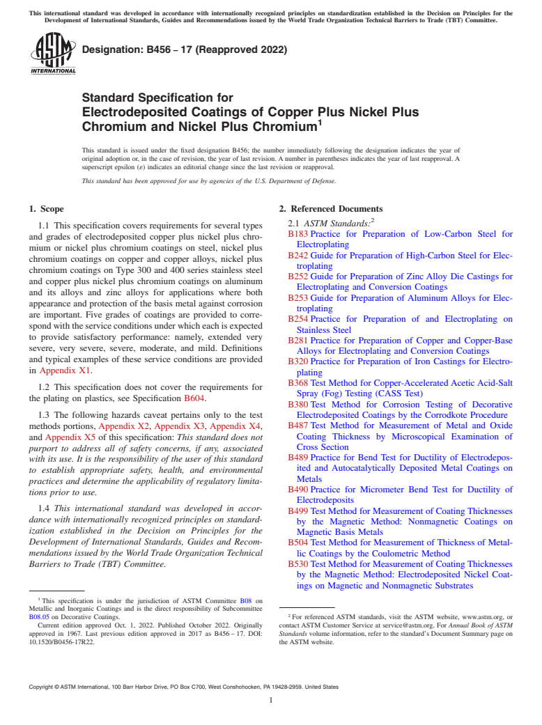 ASTM B456-17(2022) - Standard Specification for  Electrodeposited Coatings of Copper Plus Nickel Plus<brk/> Chromium   and Nickel Plus Chromium