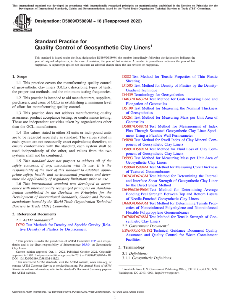 ASTM D5889/D5889M-18(2022) - Standard Practice for Quality Control of Geosynthetic Clay Liners