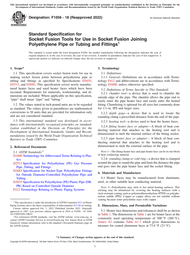 ASTM F1056-18(2022) - Standard Specification for  Socket Fusion Tools for Use in Socket Fusion Joining Polyethylene   Pipe or Tubing and Fittings