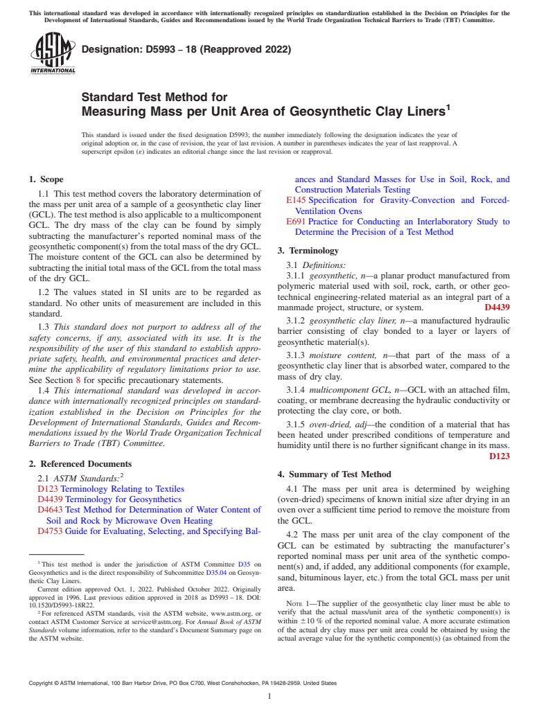 ASTM D5993-18(2022) - Standard Test Method for Measuring Mass per Unit Area of Geosynthetic Clay Liners