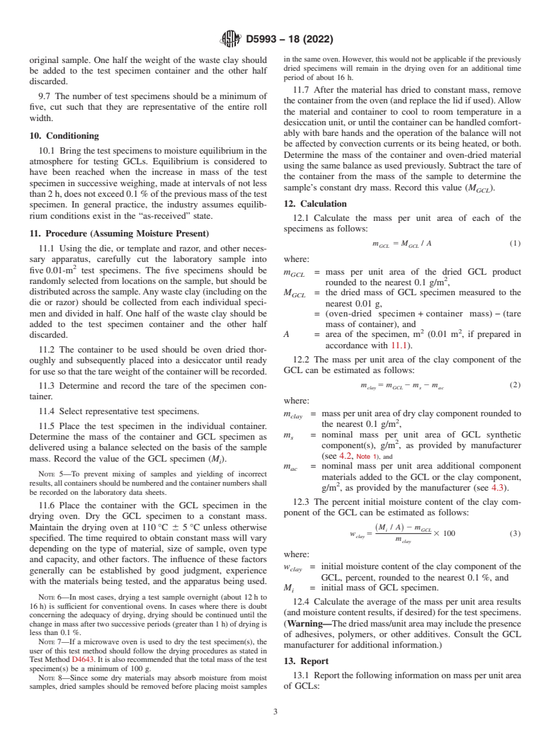 ASTM D5993-18(2022) - Standard Test Method for Measuring Mass per Unit Area of Geosynthetic Clay Liners