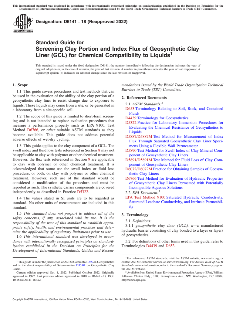 ASTM D6141-18(2022) - Standard Guide for Screening Clay Portion and Index Flux of Geosynthetic Clay  Liner (GCL) for Chemical Compatibility to Liquids