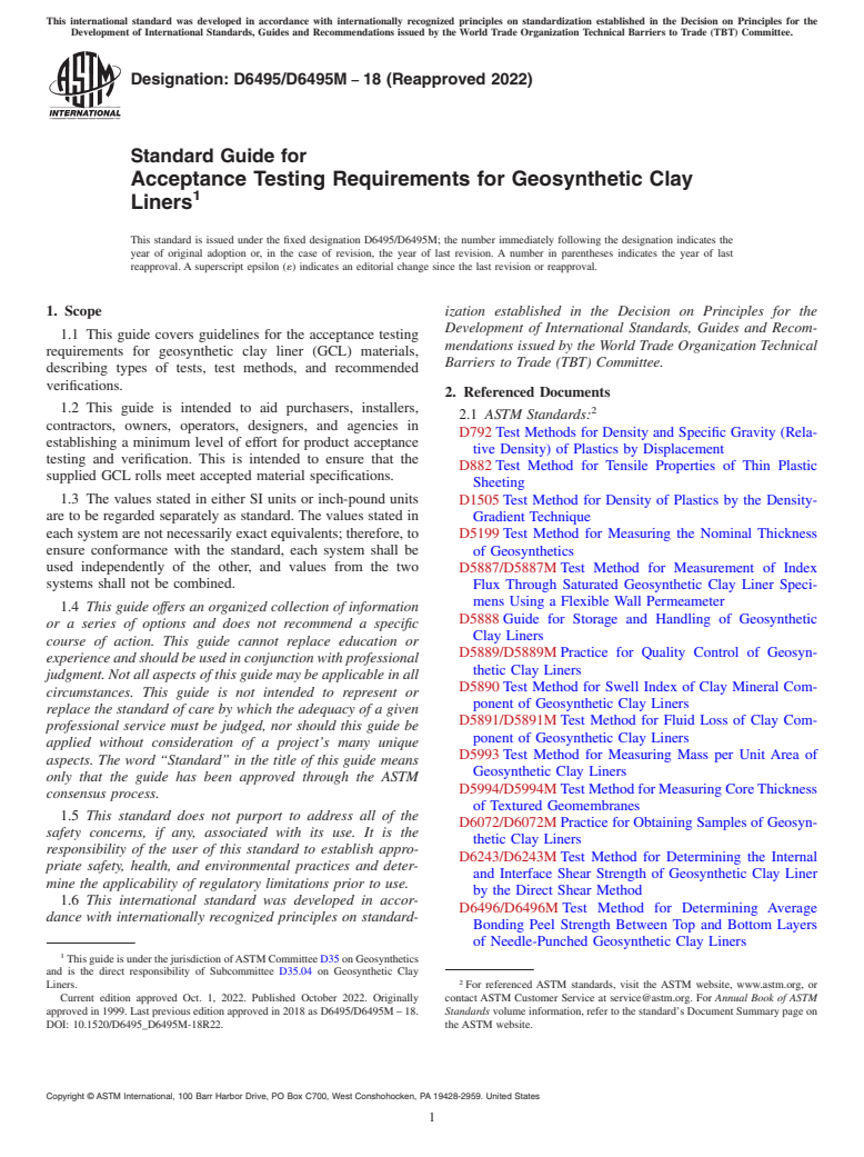 ASTM D6495/D6495M-18(2022) - Standard Guide for Acceptance Testing Requirements for Geosynthetic Clay Liners