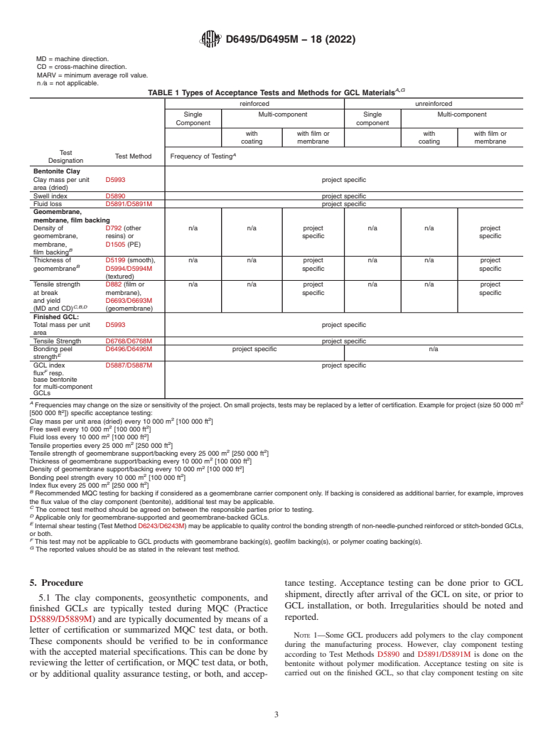 ASTM D6495/D6495M-18(2022) - Standard Guide for Acceptance Testing Requirements for Geosynthetic Clay Liners