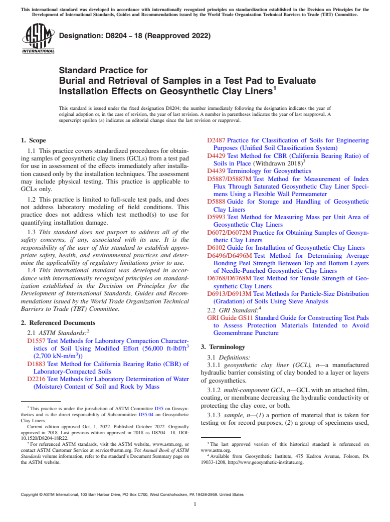 ASTM D8204-18(2022) - Standard Practice for Burial and Retrieval of Samples in a Test Pad to Evaluate Installation  Effects on Geosynthetic Clay Liners