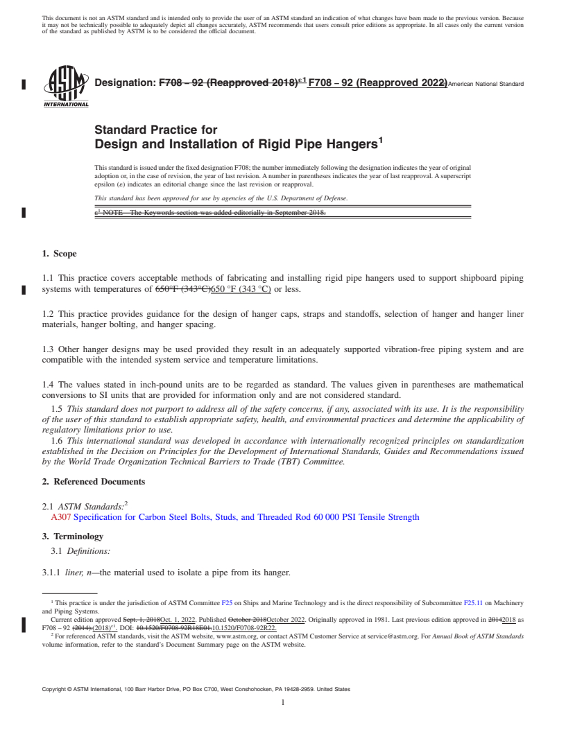 REDLINE ASTM F708-92(2022) - Standard Practice for  Design and Installation of Rigid Pipe Hangers