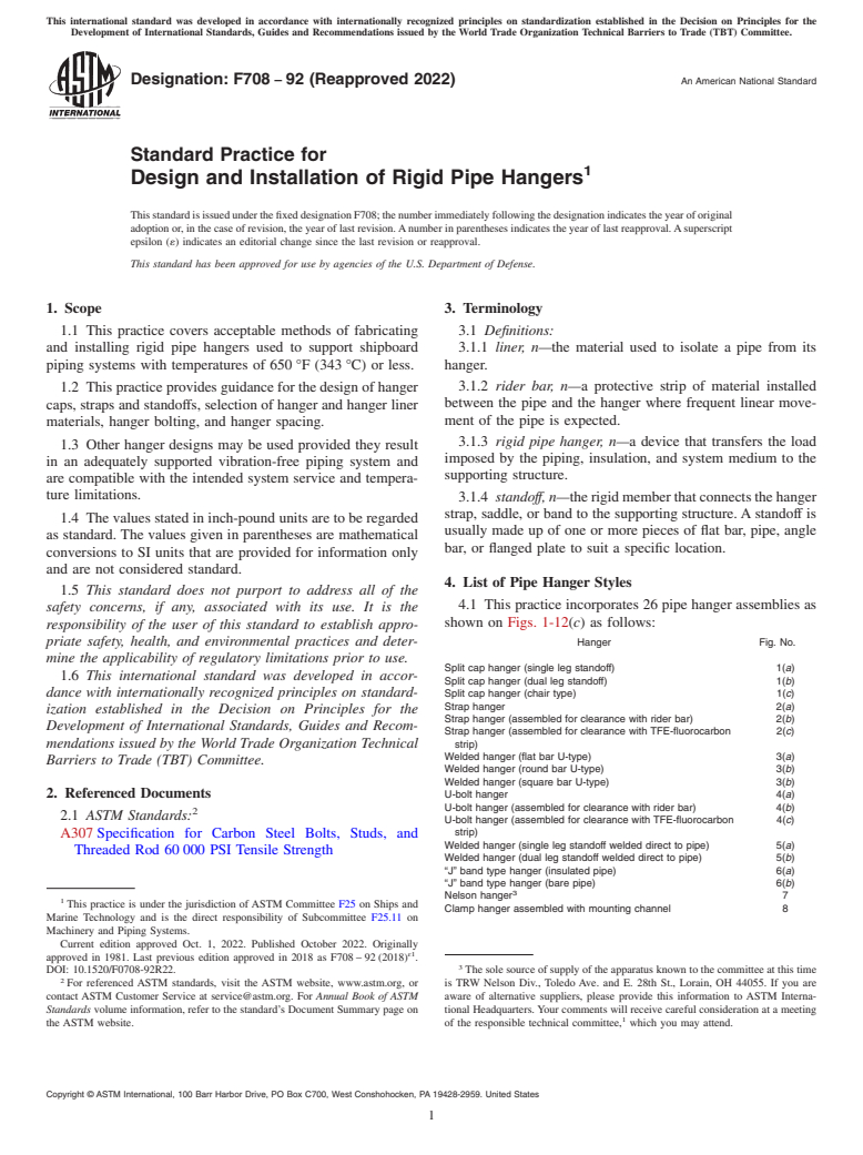 ASTM F708-92(2022) - Standard Practice for  Design and Installation of Rigid Pipe Hangers