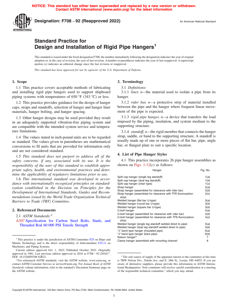 ASTM F708-92(2022) - Standard Practice for  Design and Installation of Rigid Pipe Hangers