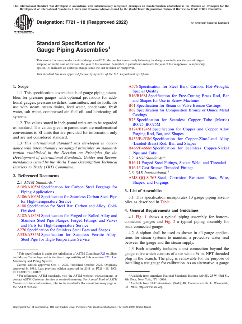 ASTM F721-18(2022) - Standard Specification for  Gauge Piping Assemblies