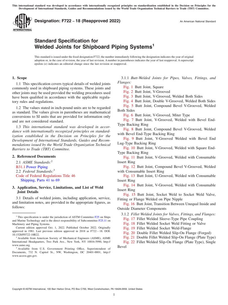 ASTM F722-18(2022) - Standard Specification for  Welded Joints for Shipboard Piping Systems