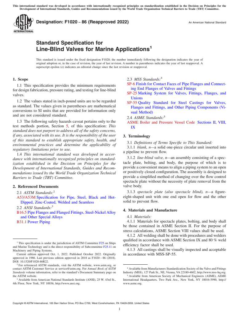 ASTM F1020-86(2022) - Standard Specification for  Line-Blind Valves for Marine Applications