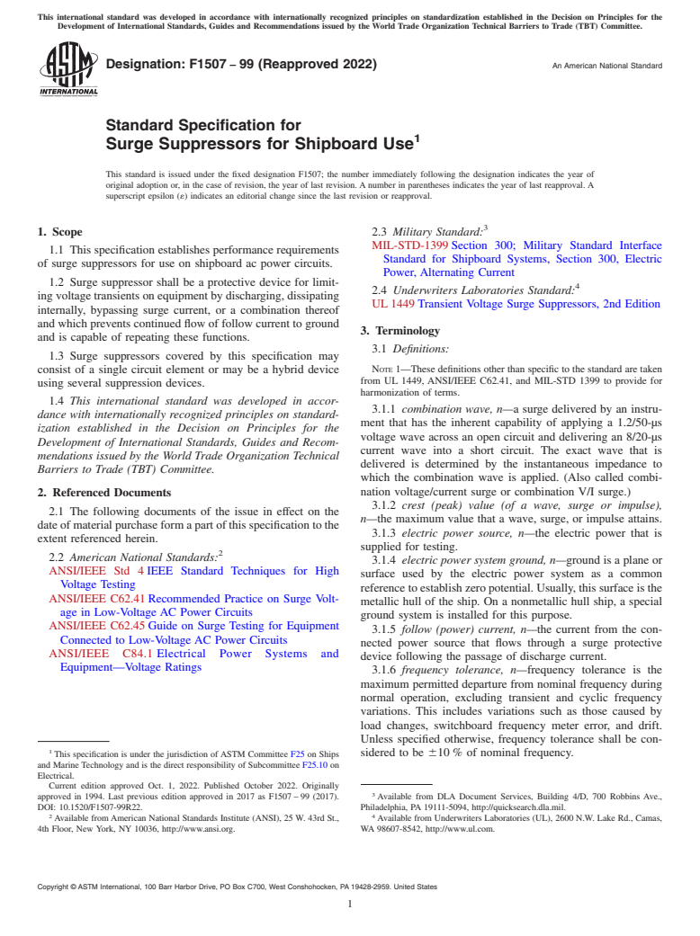 ASTM F1507-99(2022) - Standard Specification for  Surge Suppressors for Shipboard Use