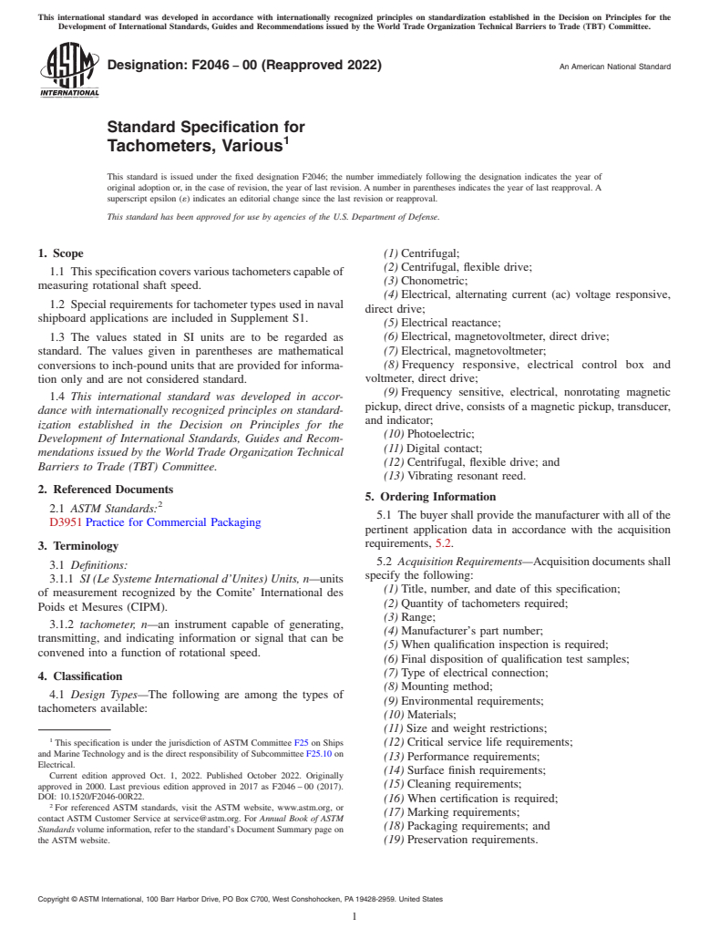 ASTM F2046-00(2022) - Standard Specification for  Tachometers, Various