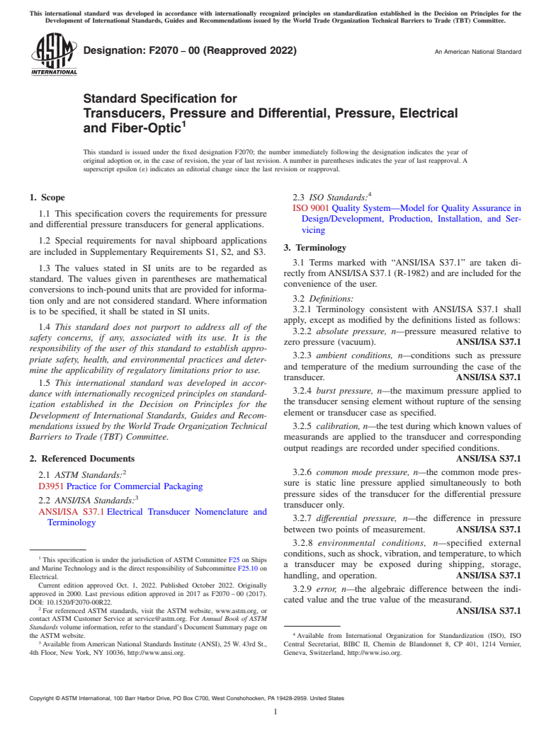 ASTM F2070-00(2022) - Standard Specification for  Transducers, Pressure and Differential, Pressure, Electrical   and Fiber-Optic