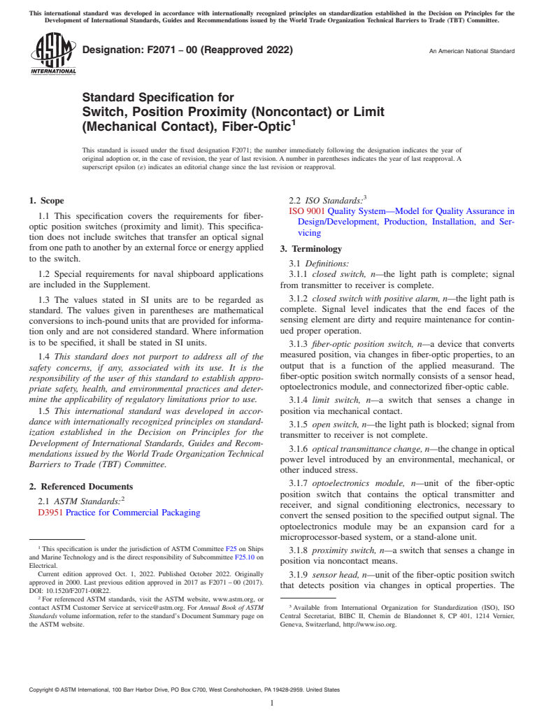 ASTM F2071-00(2022) - Standard Specification for  Switch, Position Proximity (Noncontact) or Limit (Mechanical   Contact), Fiber-Optic