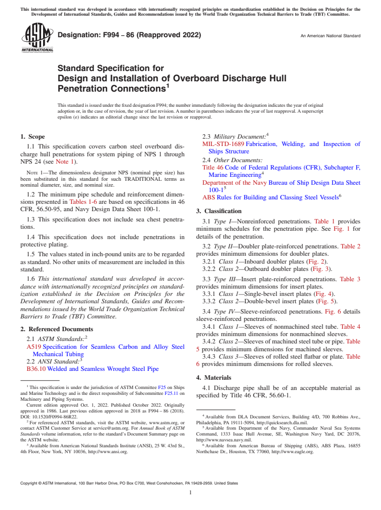 ASTM F994-86(2022) - Standard Specification for  Design and Installation of Overboard Discharge Hull Penetration  Connections