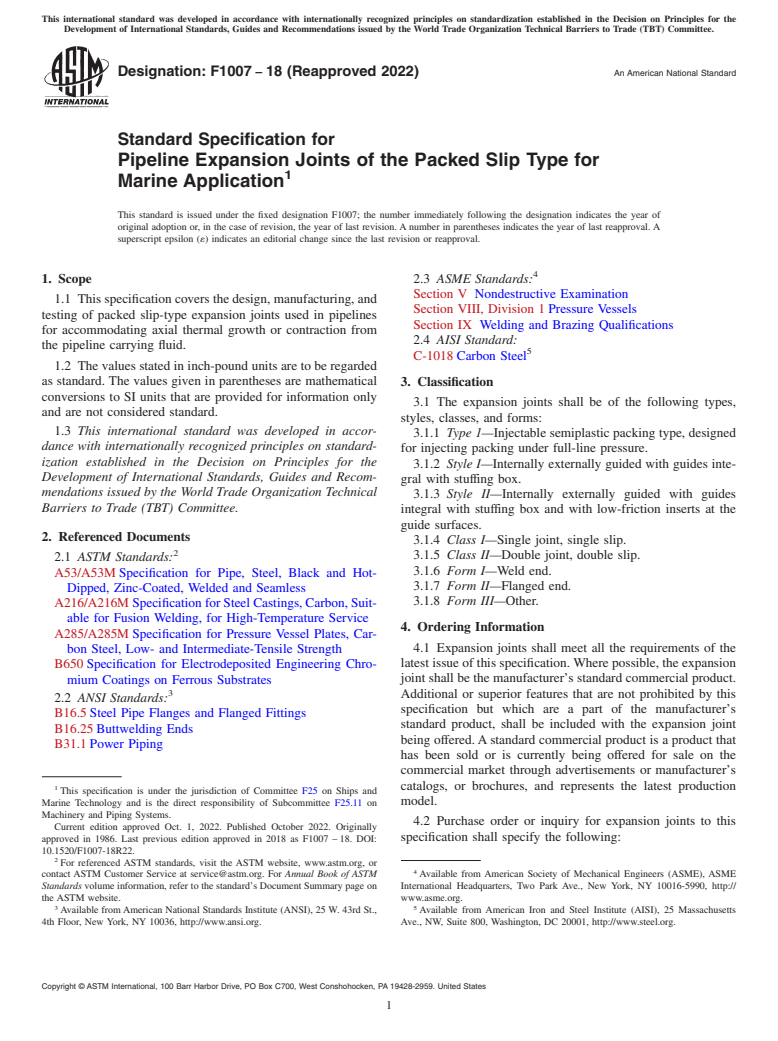 ASTM F1007-18(2022) - Standard Specification for  Pipeline Expansion Joints of the Packed Slip Type for Marine  Application