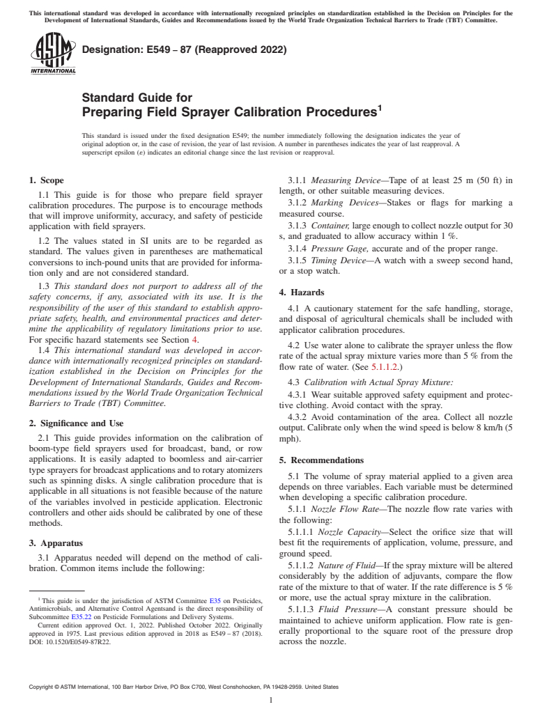 ASTM E549-87(2022) - Standard Guide for  Preparing Field Sprayer Calibration Procedures