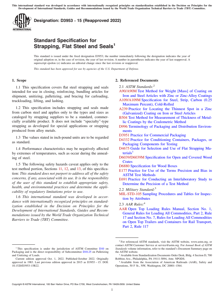 ASTM D3953-15(2022) - Standard Specification for  Strapping, Flat Steel and Seals