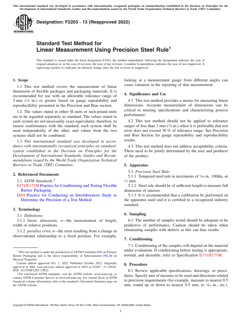 ASTM F2203-13(2022) - Standard Test Method for  Linear Measurement Using Precision Steel Rule