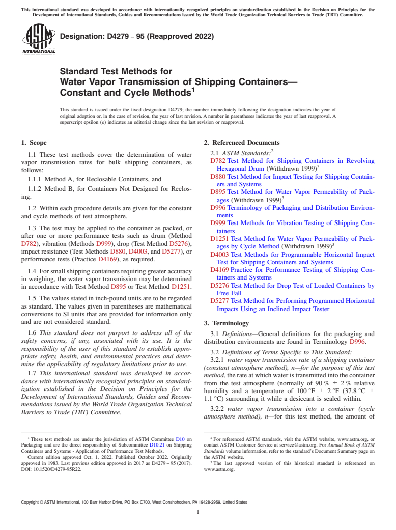 ASTM D4279-95(2022) - Standard Test Methods for  Water Vapor Transmission of Shipping Containers—Constant  and Cycle Methods