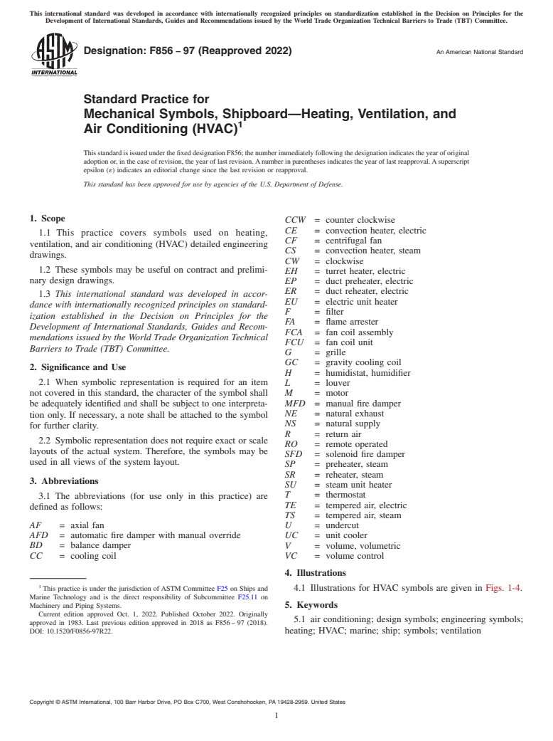 ASTM F856-97(2022) - Standard Practice for  Mechanical Symbols, Shipboard—Heating, Ventilation,  and Air Conditioning (HVAC)