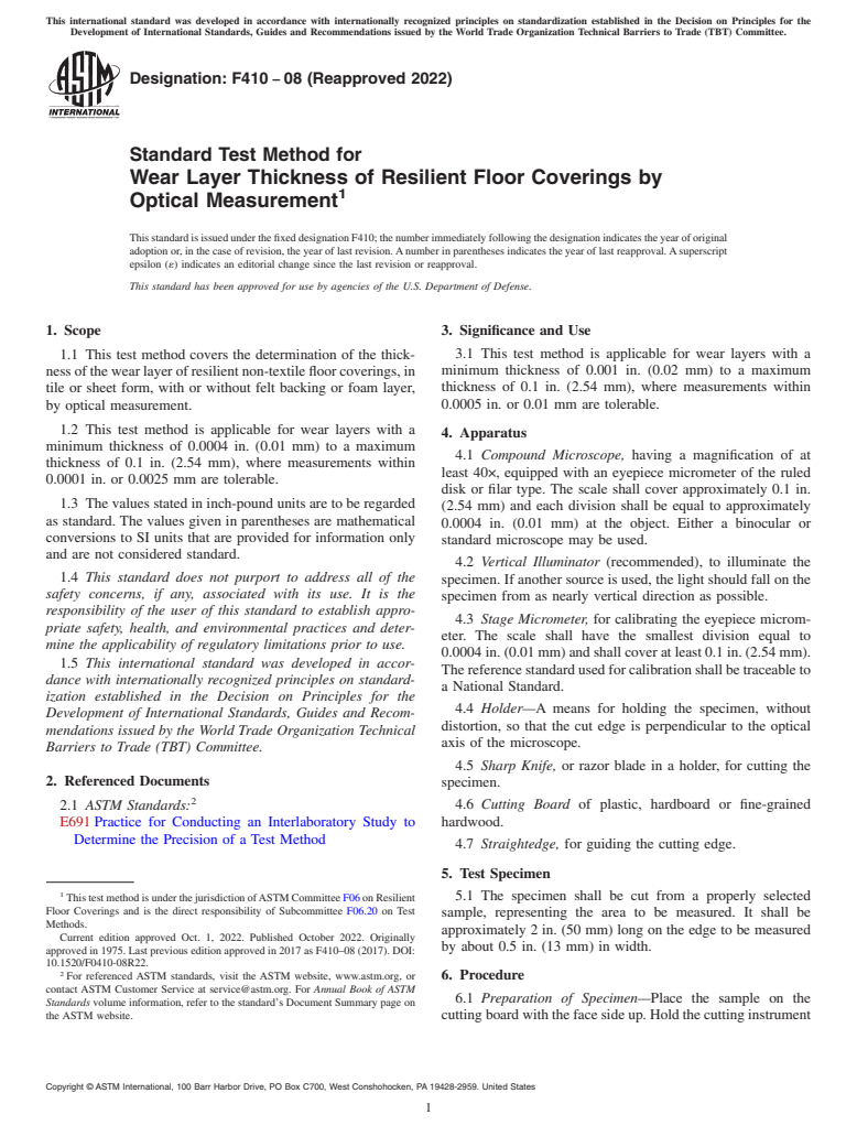 ASTM F410-08(2022) - Standard Test Method for  Wear Layer Thickness of Resilient Floor Coverings by Optical  Measurement