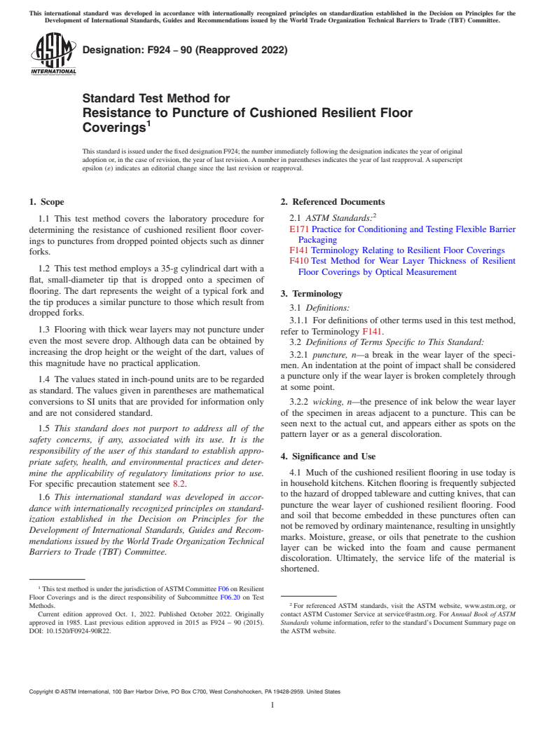 ASTM F924-90(2022) - Standard Test Method for  Resistance to Puncture of Cushioned Resilient Floor Coverings