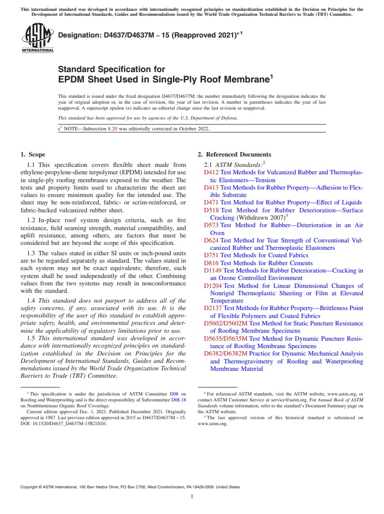 ASTM D4637/D4637M-15(2021)e1 - Standard Specification for  EPDM Sheet Used in Single-Ply Roof Membrane
