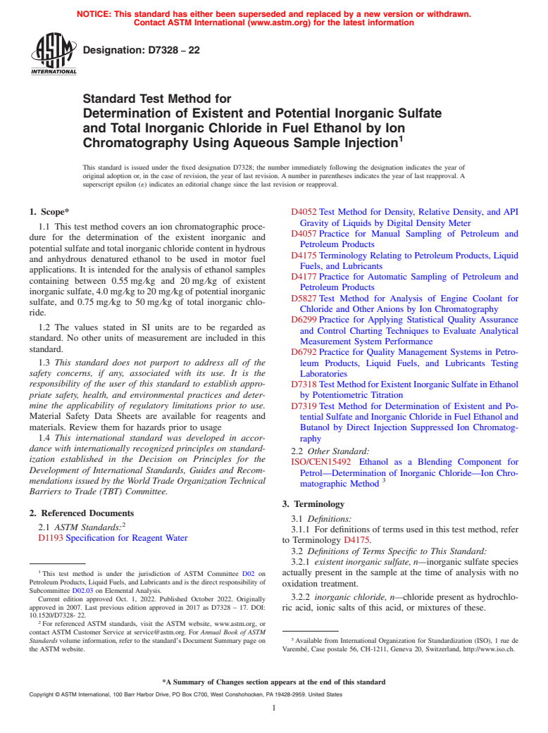 ASTM D7328-22 - Standard Test Method for  Determination of Existent and Potential Inorganic Sulfate and  Total Inorganic Chloride in Fuel Ethanol by Ion Chromatography Using  Aqueous Sample Injection