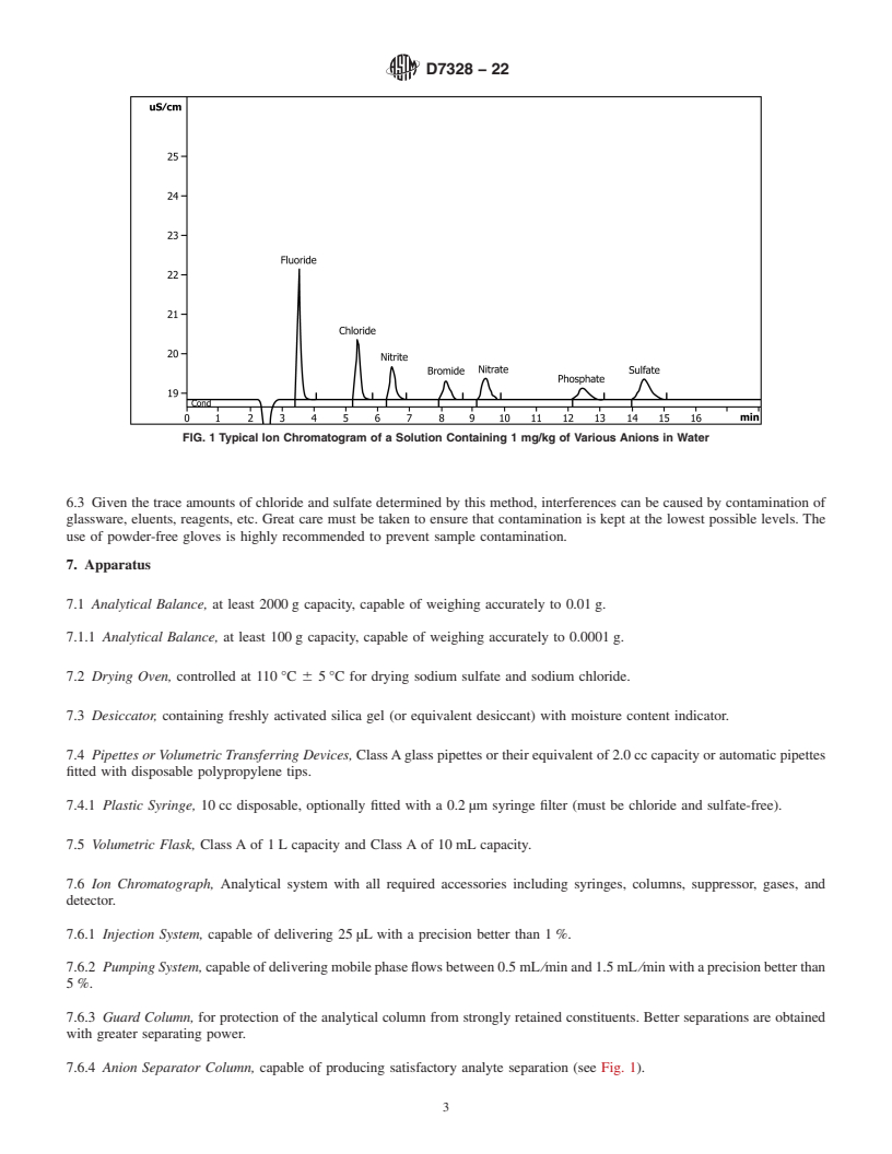 REDLINE ASTM D7328-22 - Standard Test Method for  Determination of Existent and Potential Inorganic Sulfate and  Total Inorganic Chloride in Fuel Ethanol by Ion Chromatography Using  Aqueous Sample Injection