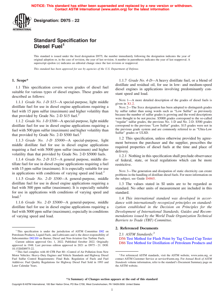 ASTM D975-22 - Standard Specification for Diesel Fuel